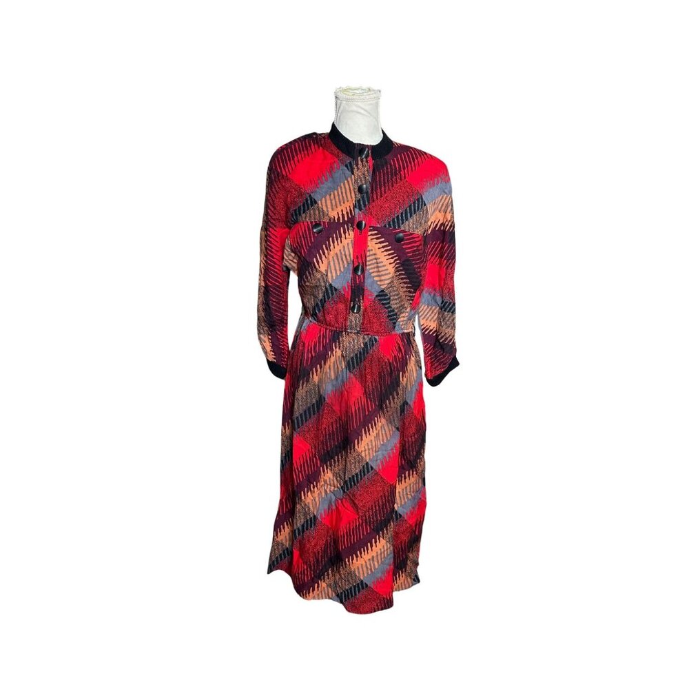 Vintage Leslie Fay Abstract Print Midi Dress Geometric 80s Secretary Dress S/M